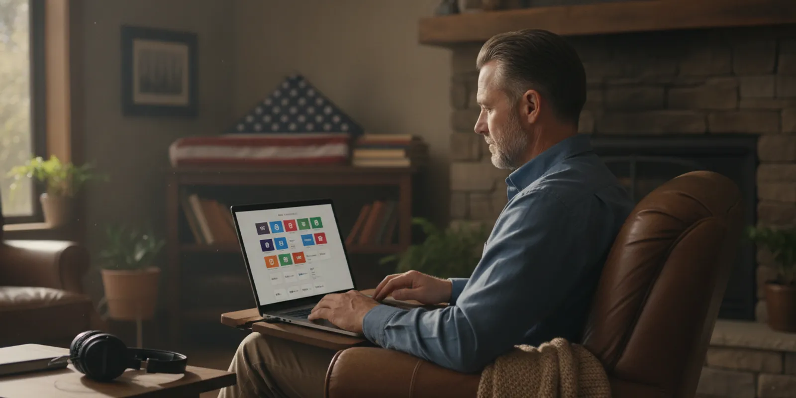 A listener browsing a conservative podcast guide on a laptop at home