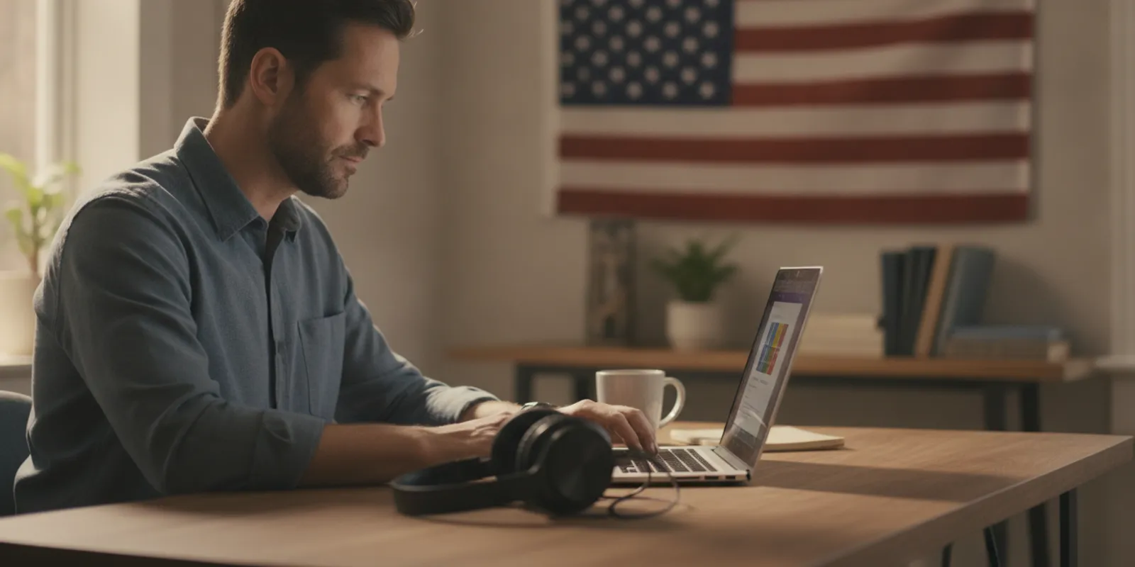 A listener browsing conservative podcast shows on a laptop at home