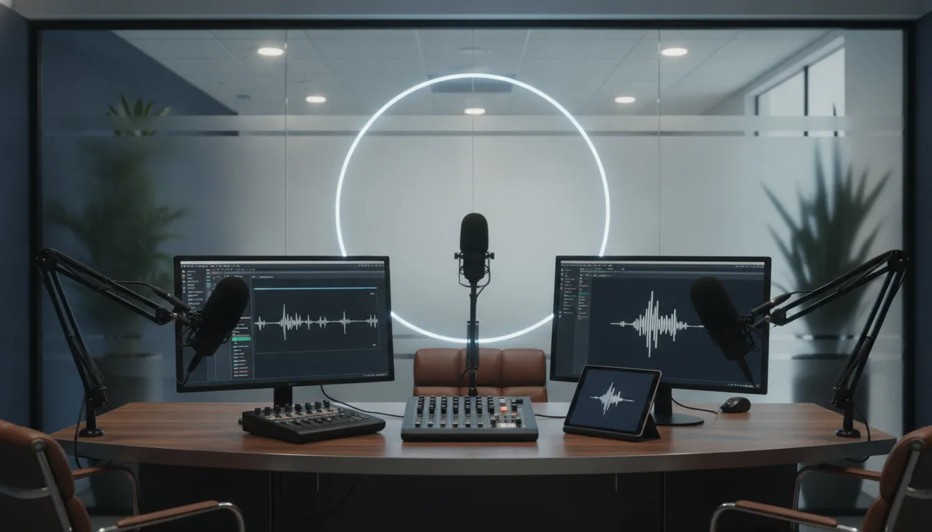 Podcast studio with microphones, audio mixer, monitors, and tablet for the Charlie Kirk podcast.