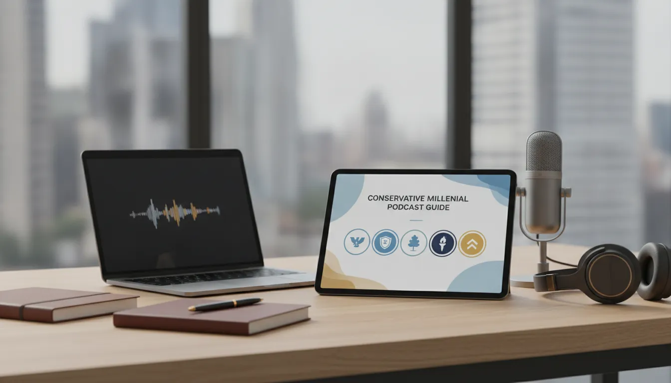 Laptop and tablet with a conservative millennial podcast guide, microphone, and headphones on a desk.