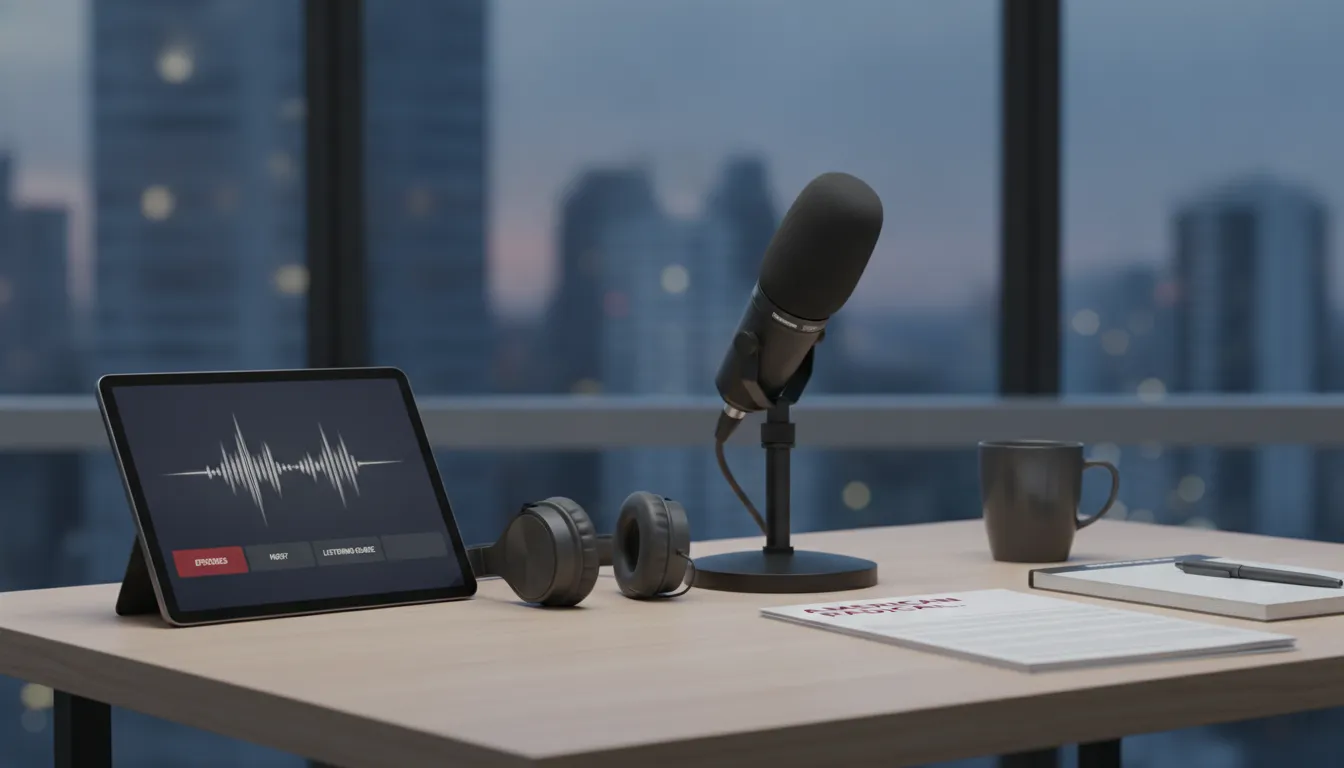 American Radical podcast recording setup with microphone, headphones, tablet, and notepad