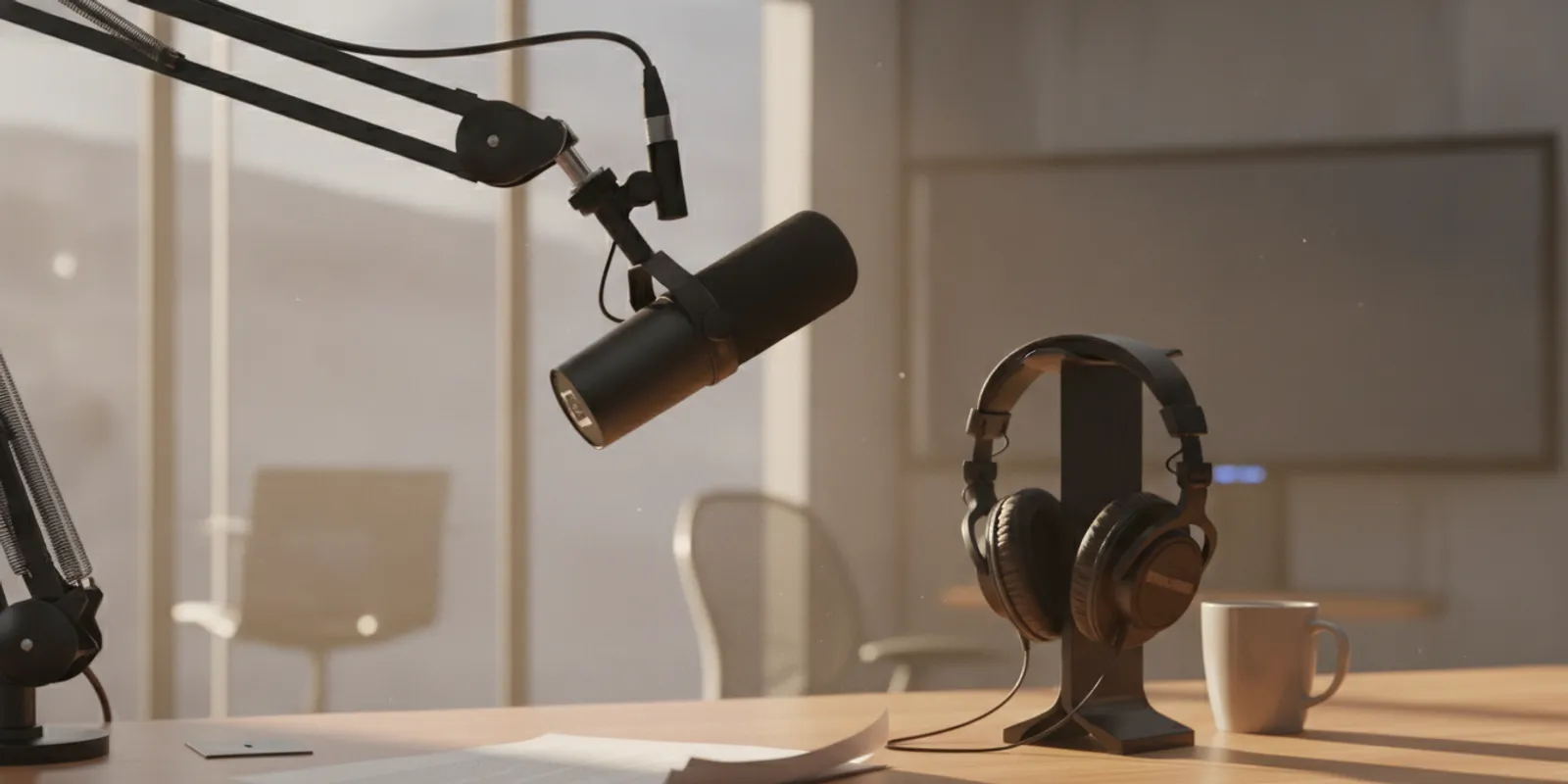 A broadcast microphone and headphones on a newsroom desk, ready for a podcast segment.