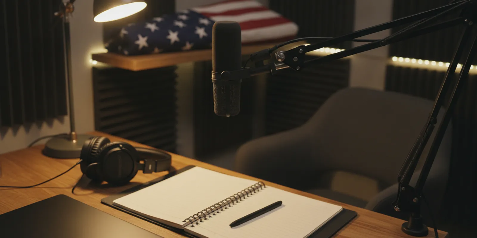 A compact recording studio with a microphone, headphones, and a notebook on a desk