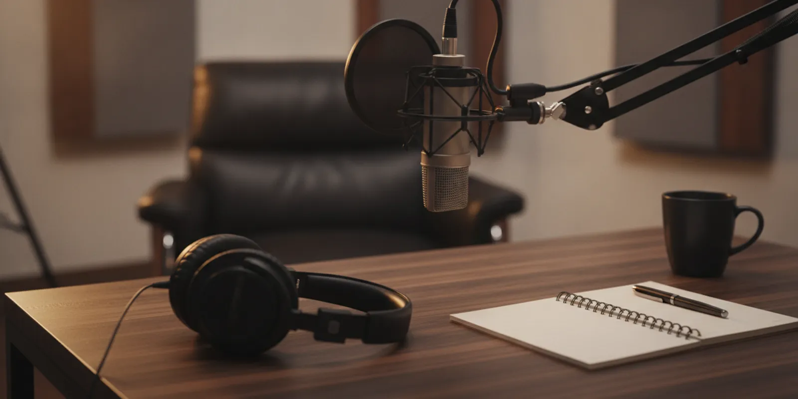 Microphone and headphones in a podcast recording studio