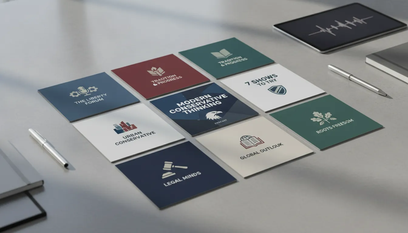 Modern conservative thinking podcast tiles on a desk featuring seven shows to try.