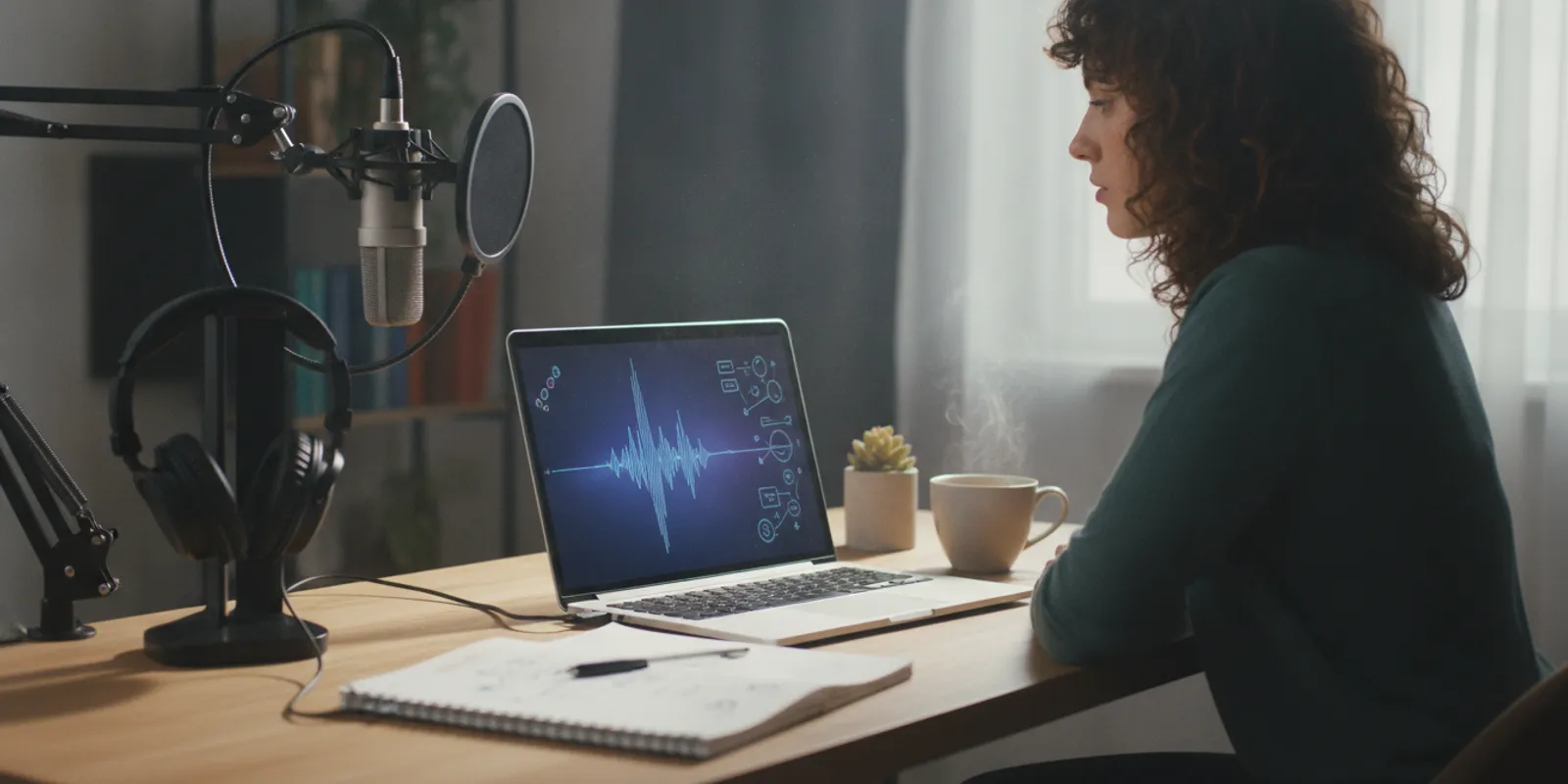 Podcast creator reviewing show details and distribution options at a desk