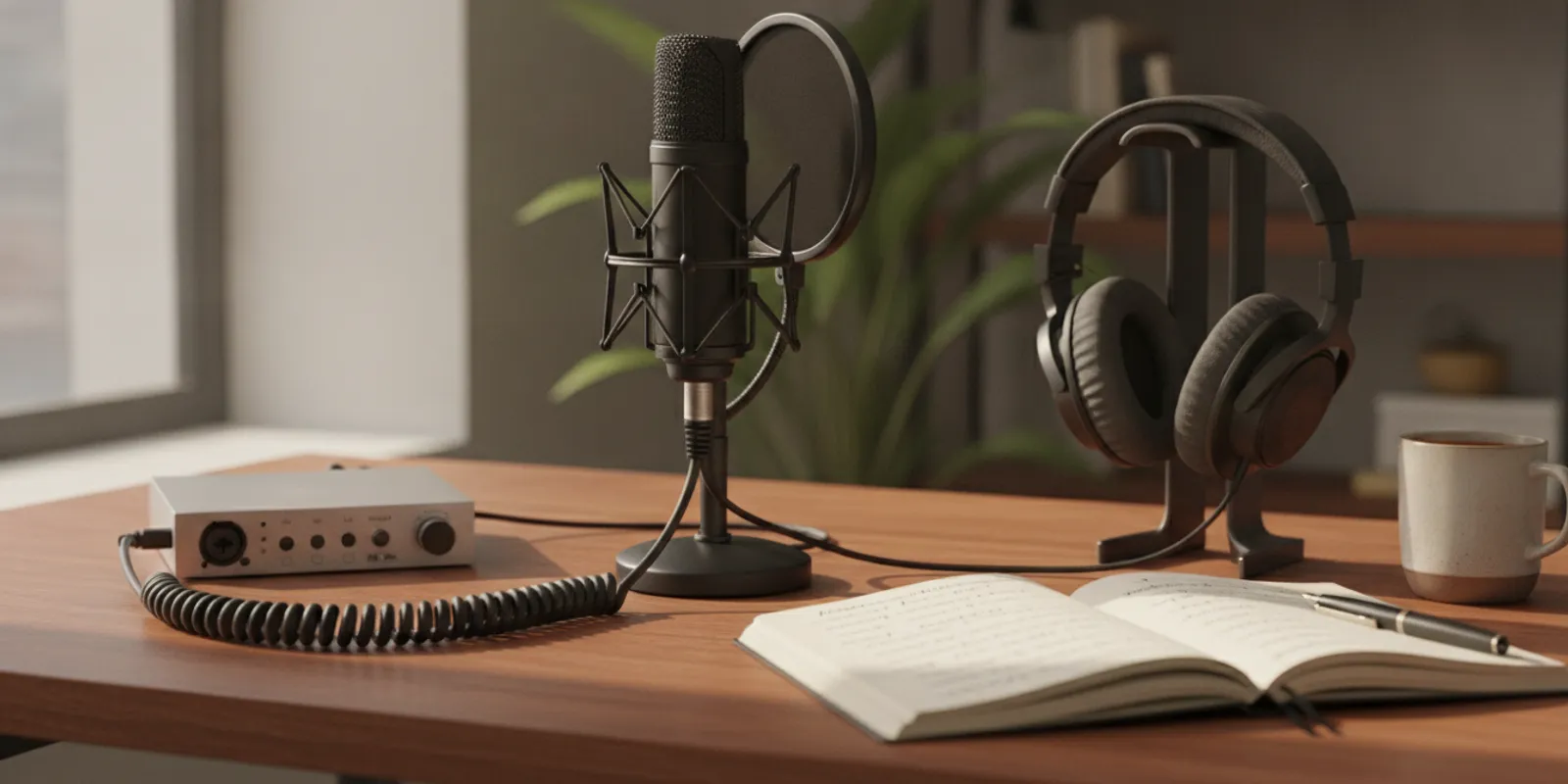 Podcast microphone and headphones beside notes on health policy and wellness