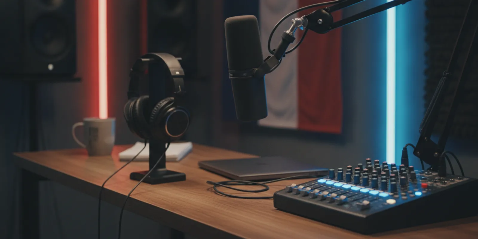A radio microphone and headphones on a desk in a podcast studio
