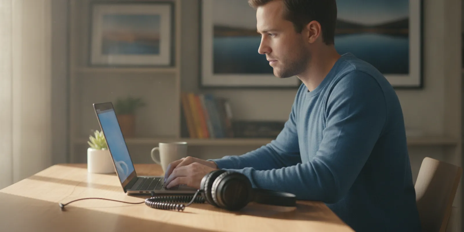 A listener browsing a political podcast guide on a laptop at home