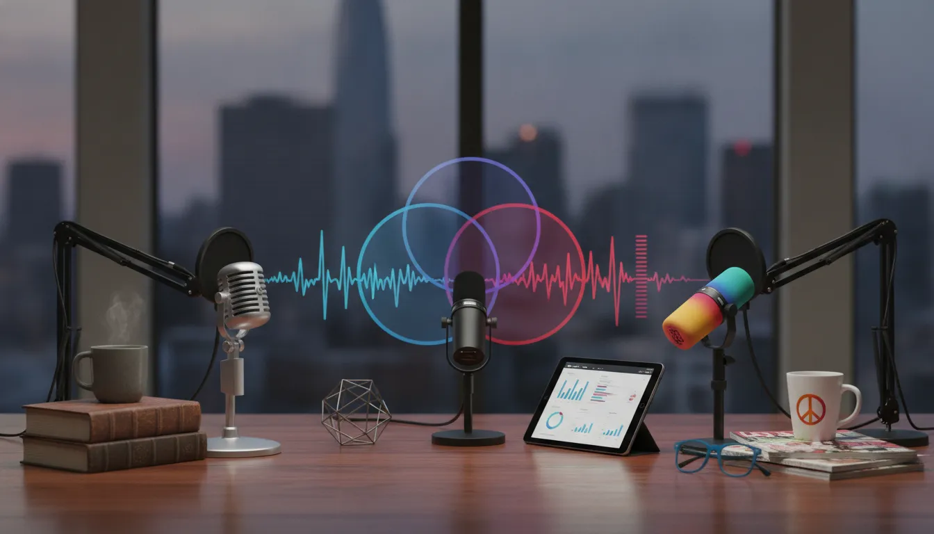 Microphones, tablet with charts, and coffee mugs on a desk overlooking a city for top political podcasts.