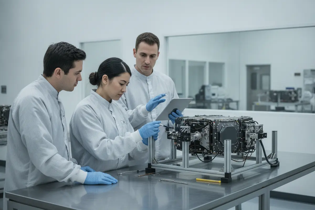 Aerospace engineers review a spacecraft component and its interface in a clean integration facility