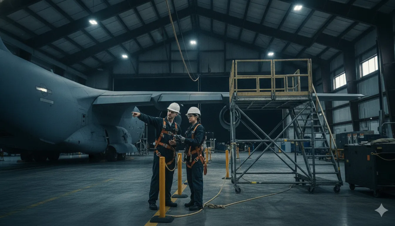 Aerospace safety manager reviewing aircraft maintenance fall protection equipment beside an aircraft wing