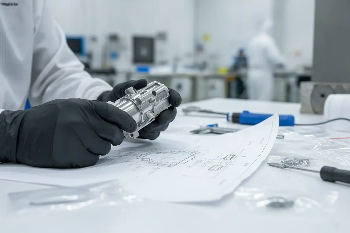An engineer checks a spacecraft component against controlled design documentation