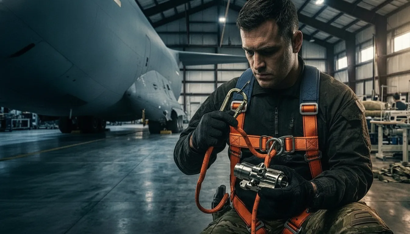 Aviation-grade restraint harness with rated hardware and webbing being inspected in an aircraft maintenance hangar