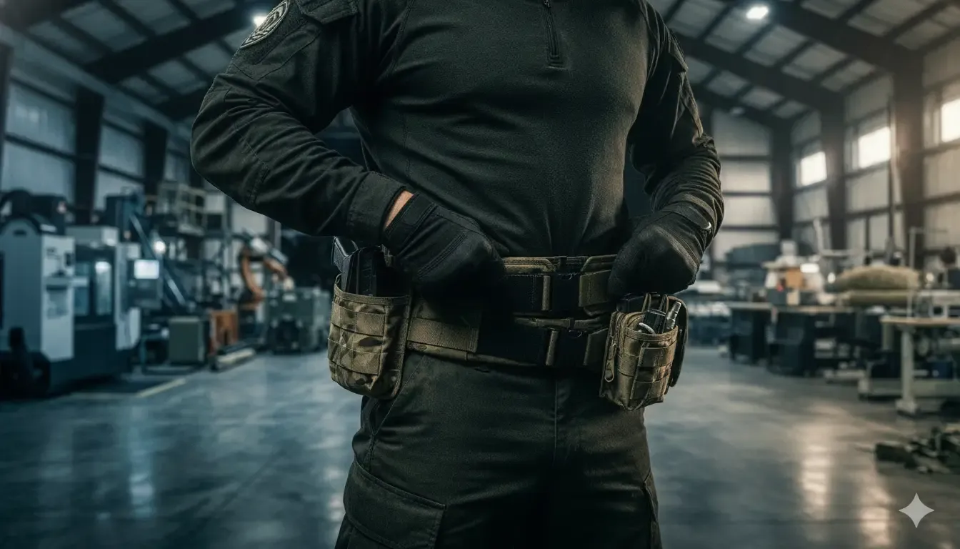 Professional operator checking the fit and interface of an inner outer tactical belt system