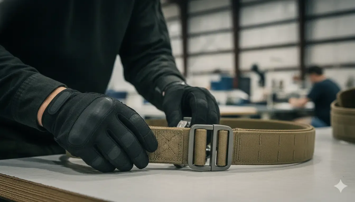 Technician inspecting reinforced stitching and buckle on a heavy-duty tactical belt system