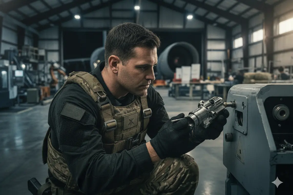 Close view of a technician checking equipment attachment and clearance during an aircraft interface review
