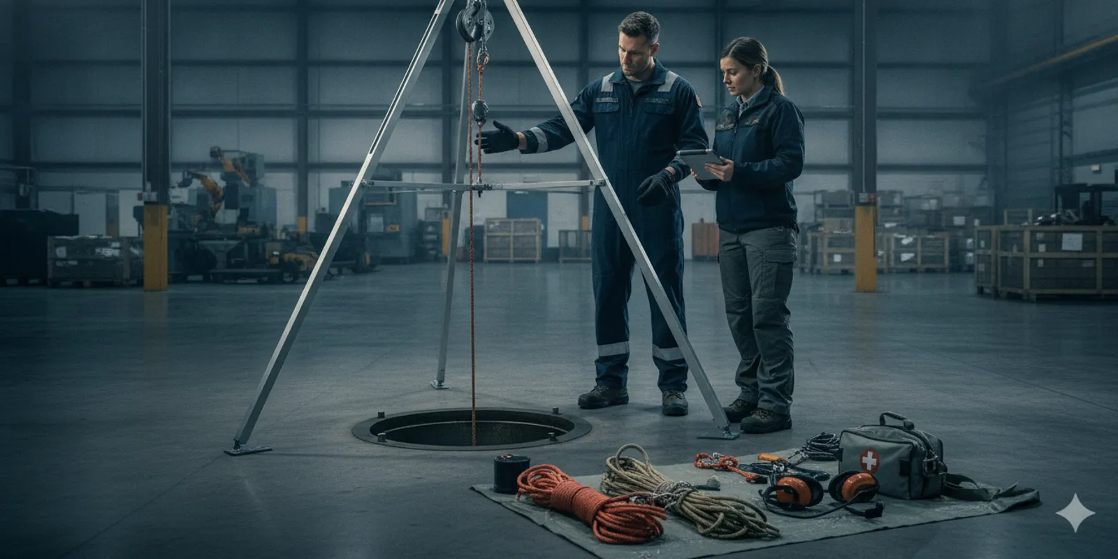 Rescue tripod positioned over an industrial access opening during a planned equipment review