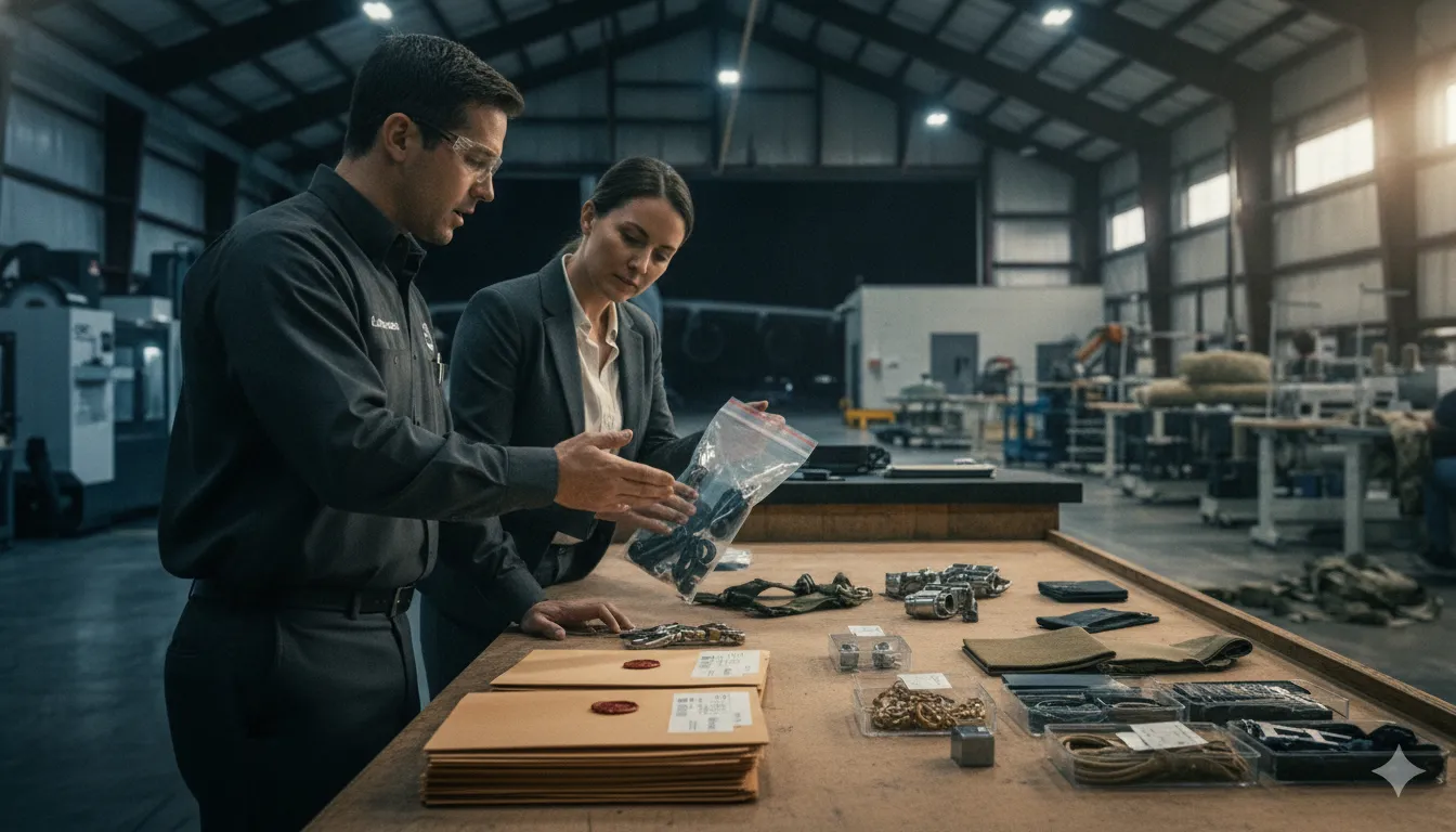 Procurement engineer reviewing tactical safety equipment evidence and material samples