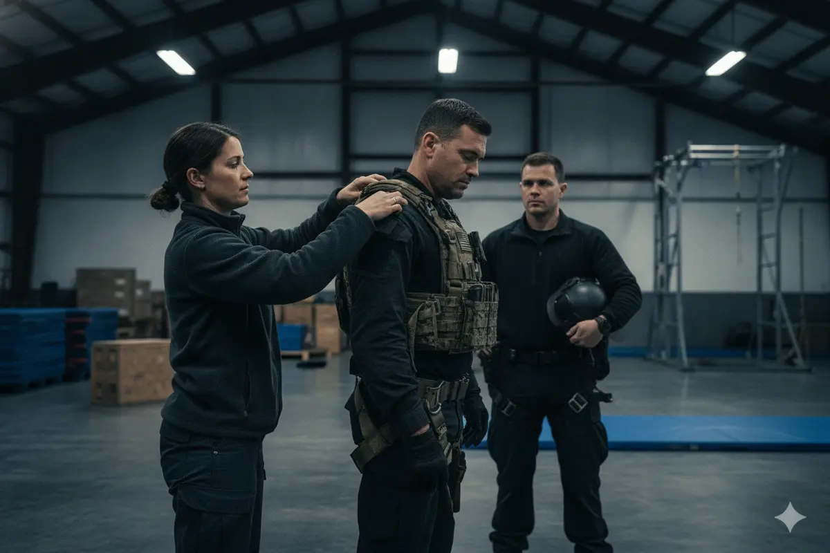 Evaluator checks the fit and strap adjustment of a law enforcement safety harness over operational clothing
