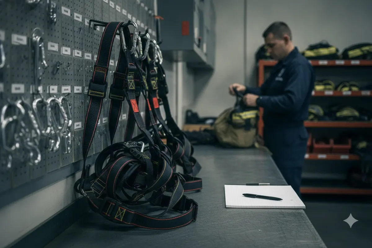 Fire-rescue equipment inspection log beside labeled harnesses and connectors in organized storage