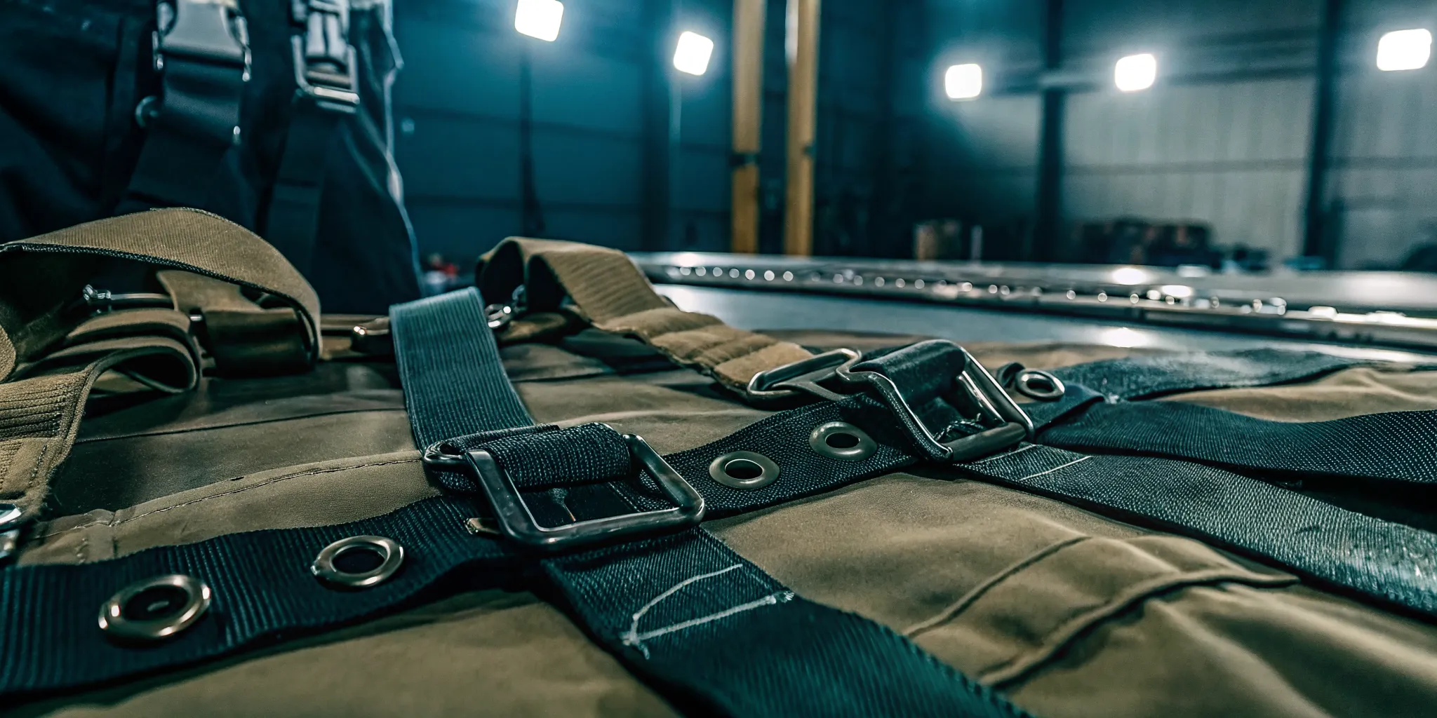 Industrial assembly of tactical safety harness with metal hardware and high-strength webbing at a U.S. manufacturing facility