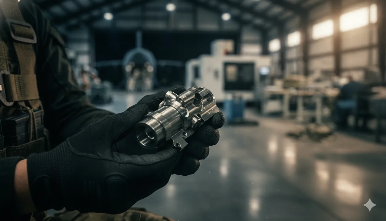Machinist inspecting a precision machined safety connector
