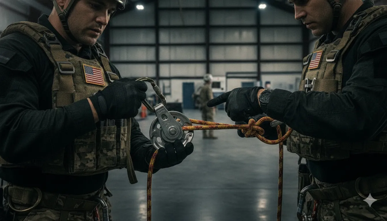 Technicians inspecting a rescue pulley load path