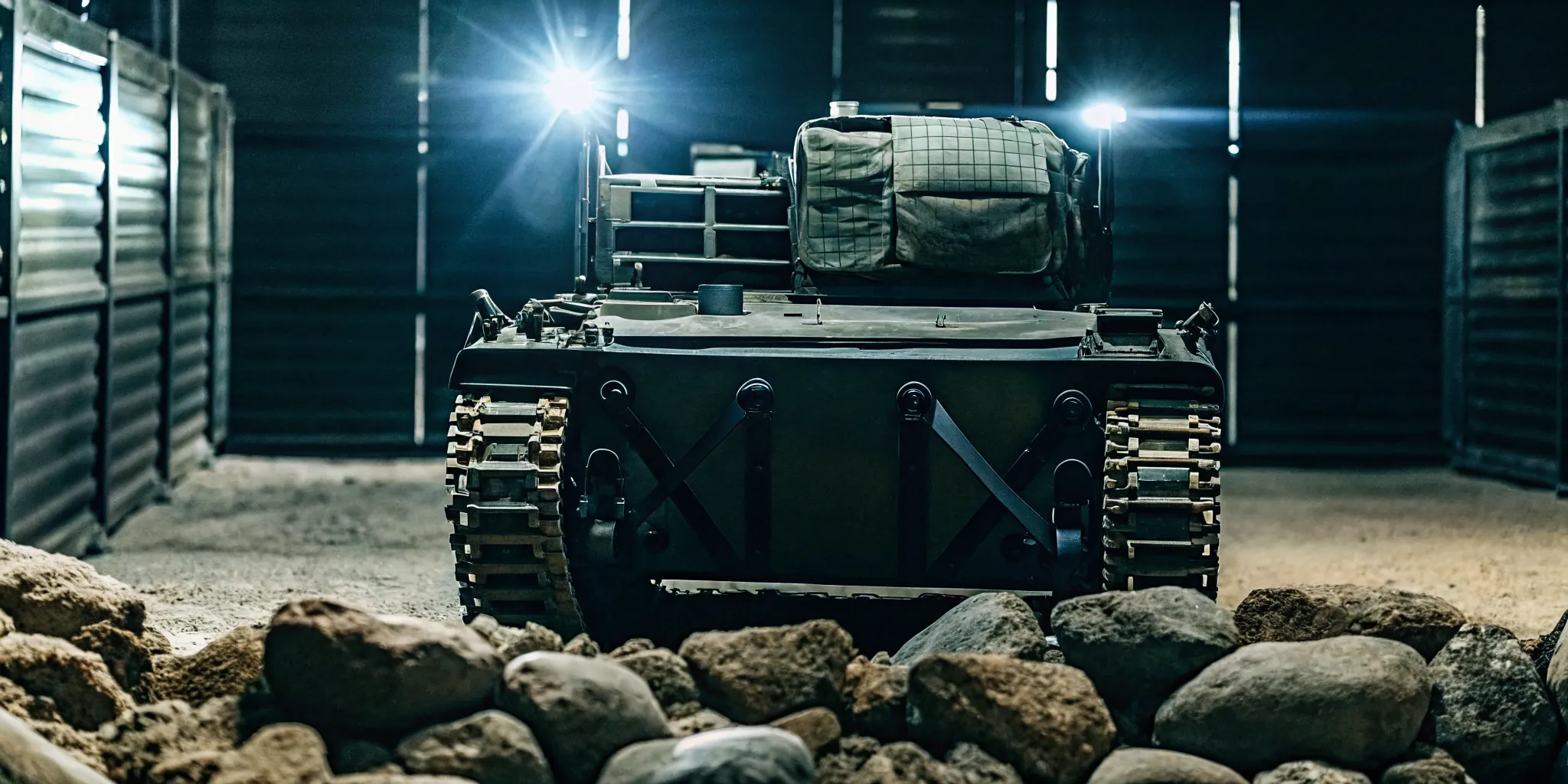 Military autonomous unmanned ground vehicle navigating rugged terrain with secured payload and rated load-bearing hardware
