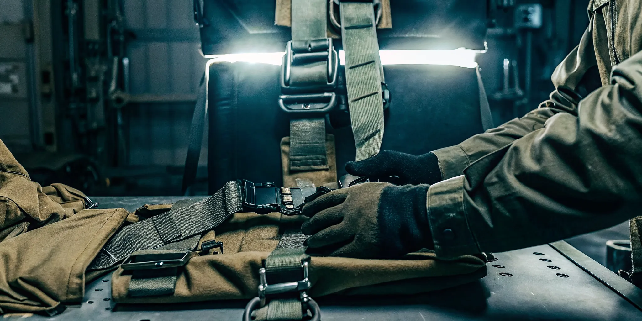 Tactical professional inspecting a load-bearing harness system