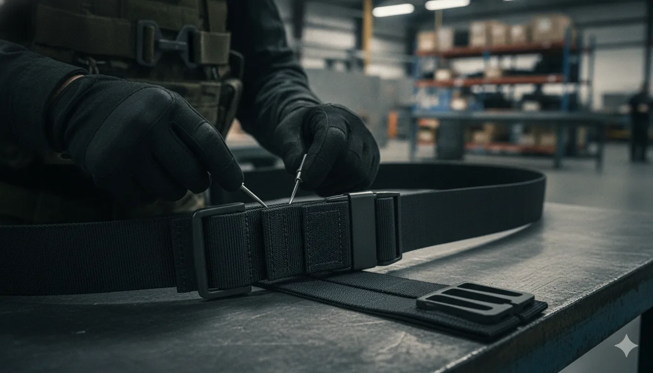 Technician inspecting reinforced nylon duty belt webbing and interfaces