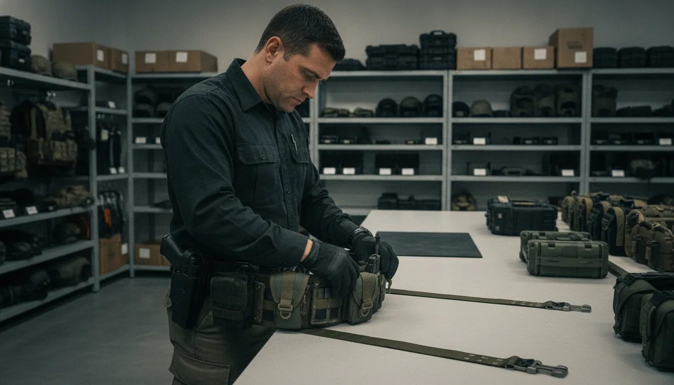 Equipment manager balancing pouches on a reinforced nylon duty belt