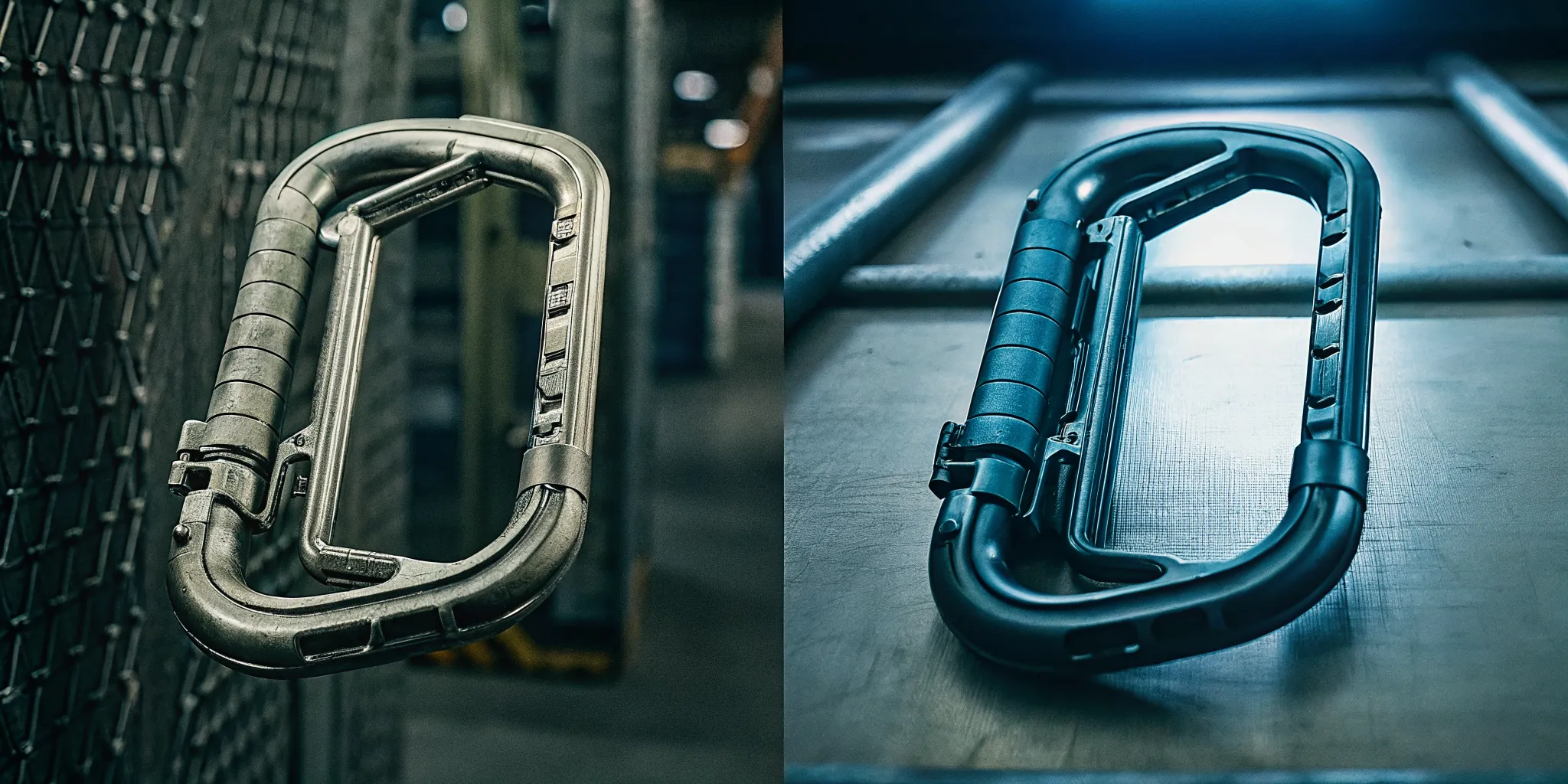 Side-by-side comparison of aluminum and forged steel tactical carabiner construction highlighting material differences
