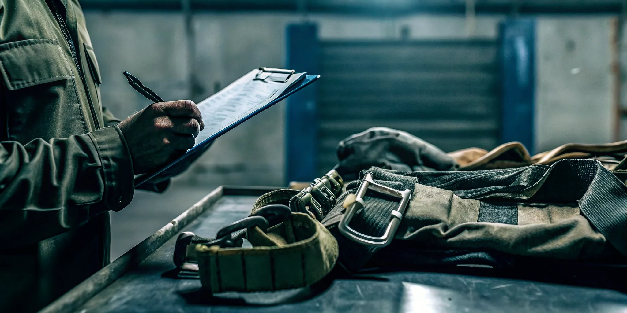 Maintenance logbook and cleaned tactical webbing on a workbench