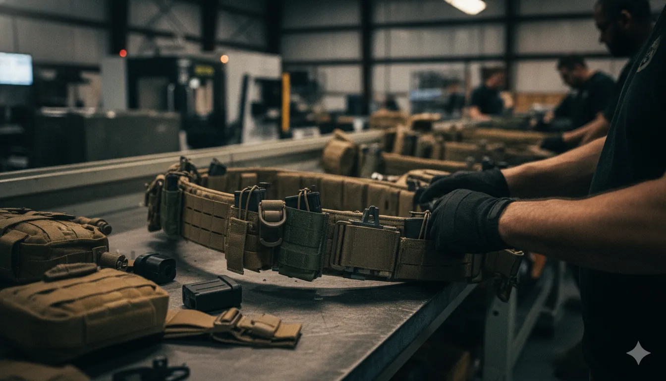Technicians assembling a modular MOLLE belt system in a tactical equipment workshop