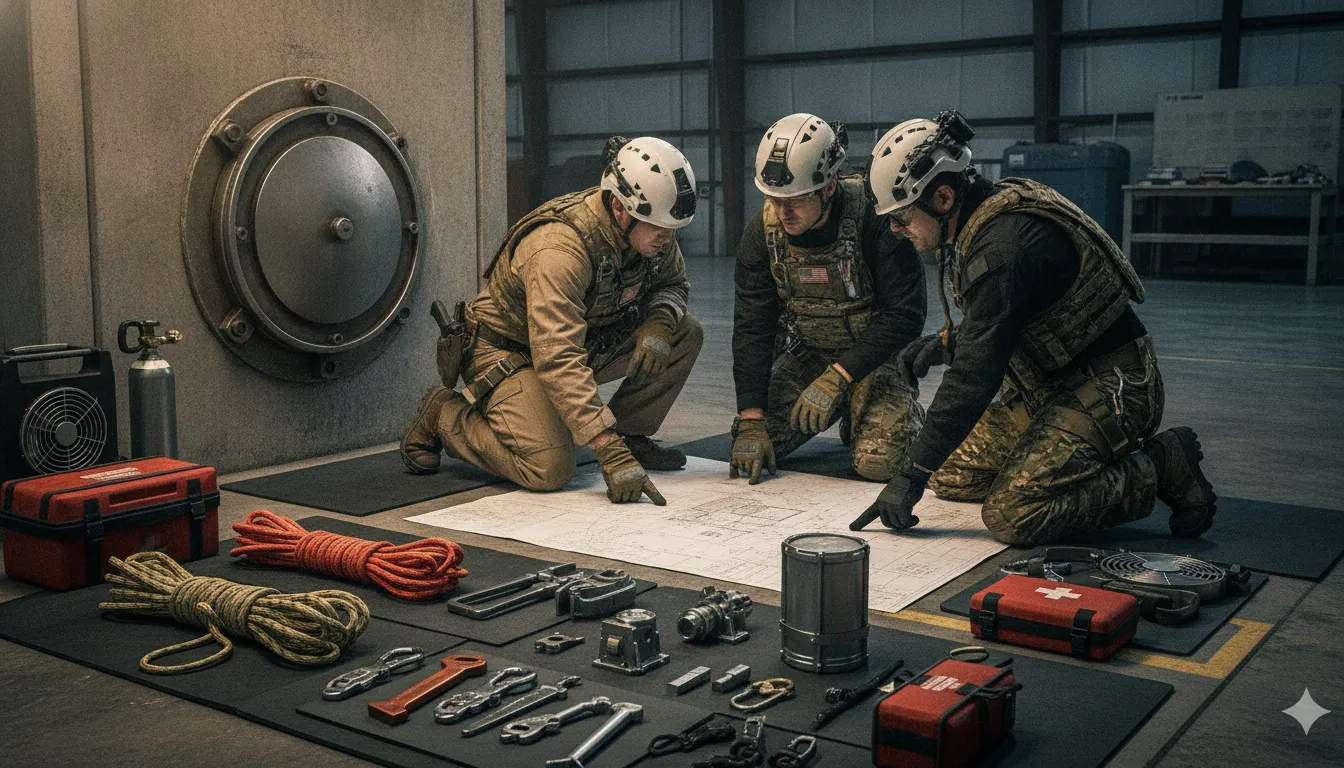 Rescue planners staging equipment beside a confined space entry