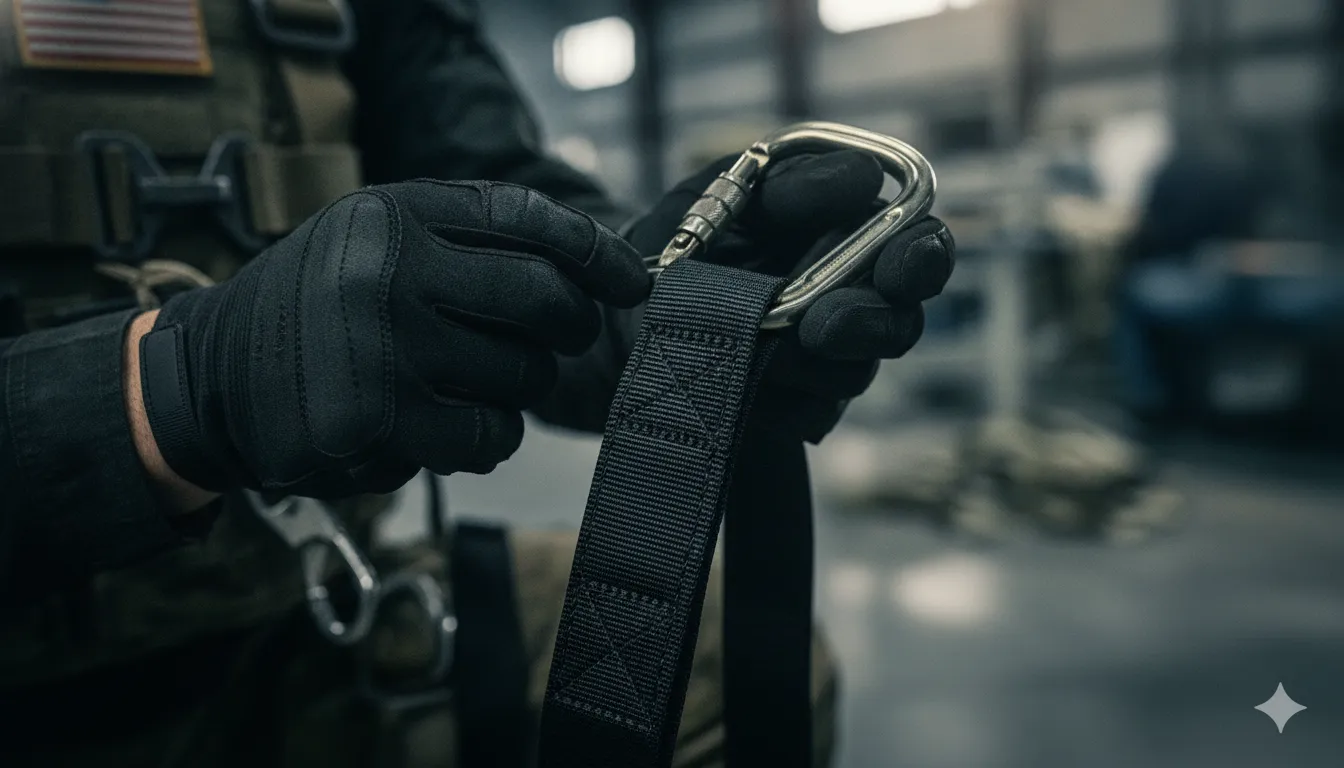 Technician inspecting tactical harness webbing and hardware