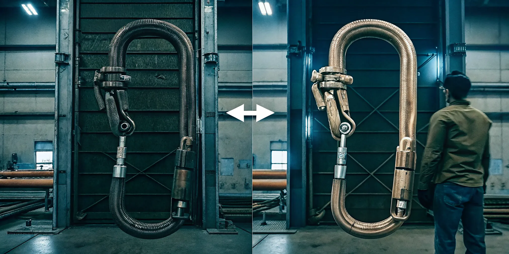 Technical diagram comparing major axis versus minor axis loading on tactical carabiner hardware, showing correct force path through the spine and the risk of cross-loading across the gate