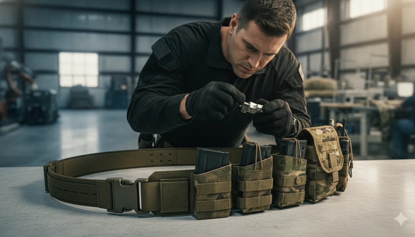 Technician evaluating modular duty belt construction and attachment interfaces