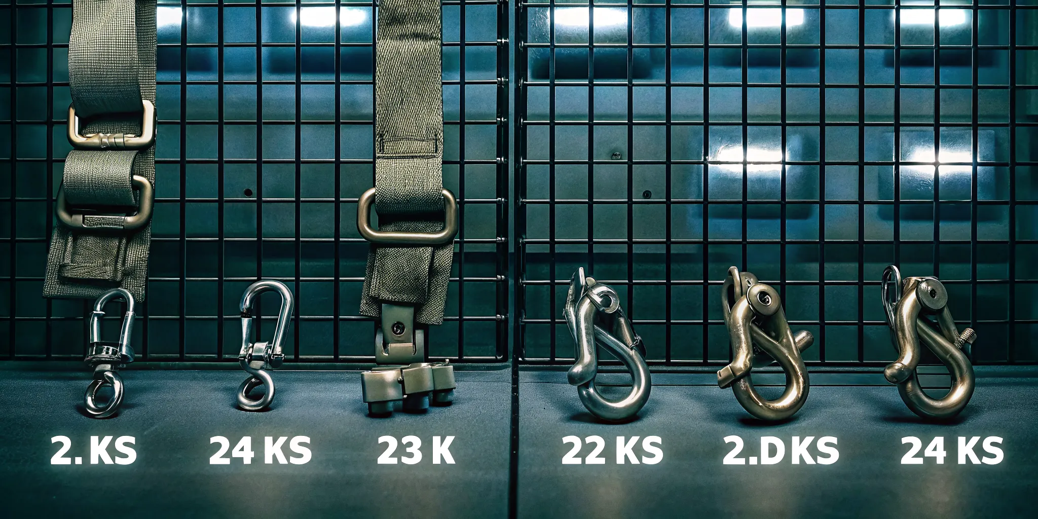 Technical comparison diagram showing common kN strength ratings across tactical hardware categories including carabiners, snap hooks, D-rings, belt buckles, and webbing with labeled load specifications
