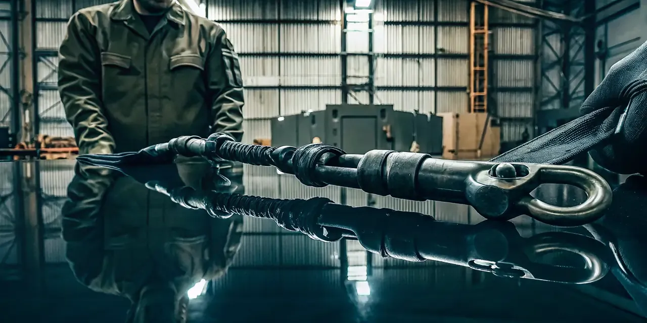 Qualified technician inspecting a tactical lanyard and rated metal connector on a maintenance bench