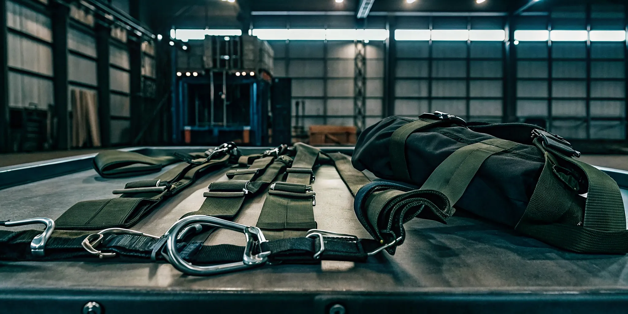 Tactical rescue harness with load-rated webbing and carabiners on a workbench, illustrating system-level differences from industrial fall protection