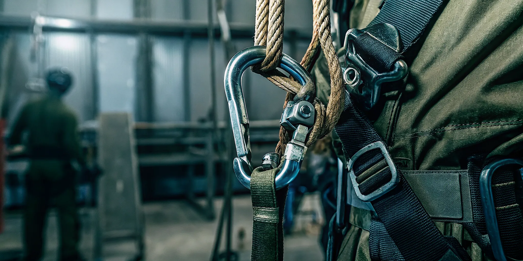 Close-up of U.S.-manufactured tactical rescue harness hardware with anodized aluminum connectors inspected in a defense engineering facility