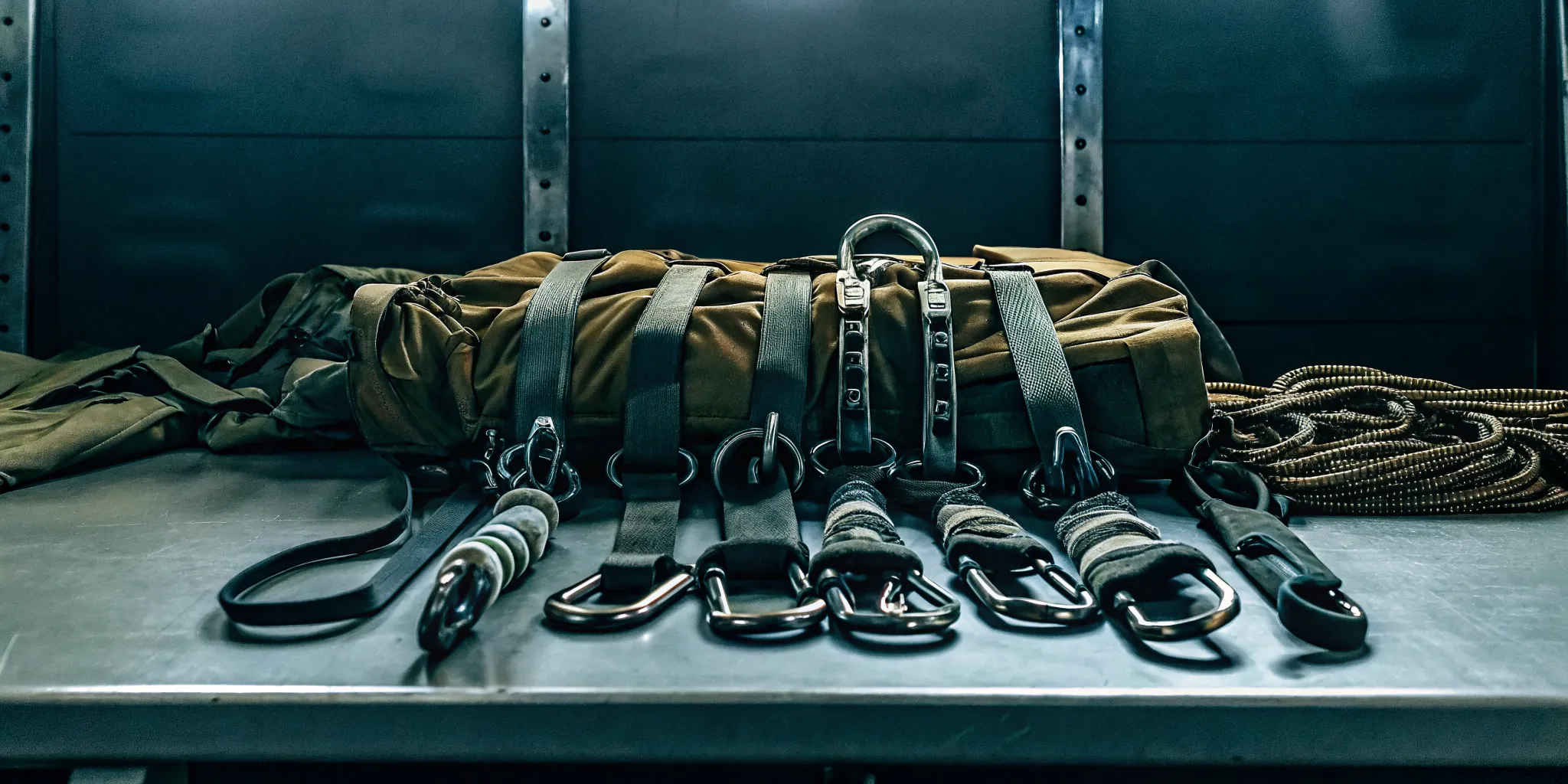 Military rappelling harness webbing adjustment points and rated attachment hardware prepared for technical evaluation