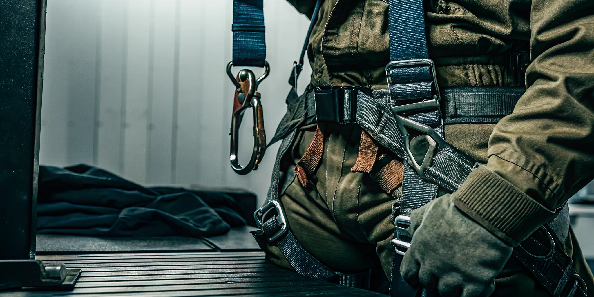Technician checking tactical harness webbing, stitching, and hardware during a fall protection harness inspection