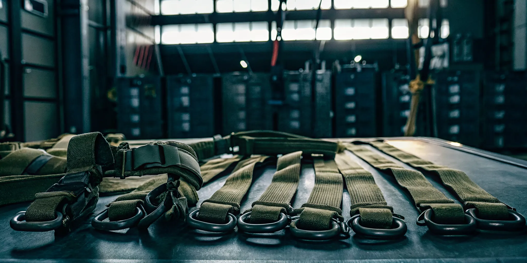 ANSI Z359 harness webbing and rated connectors arranged for technical inspection