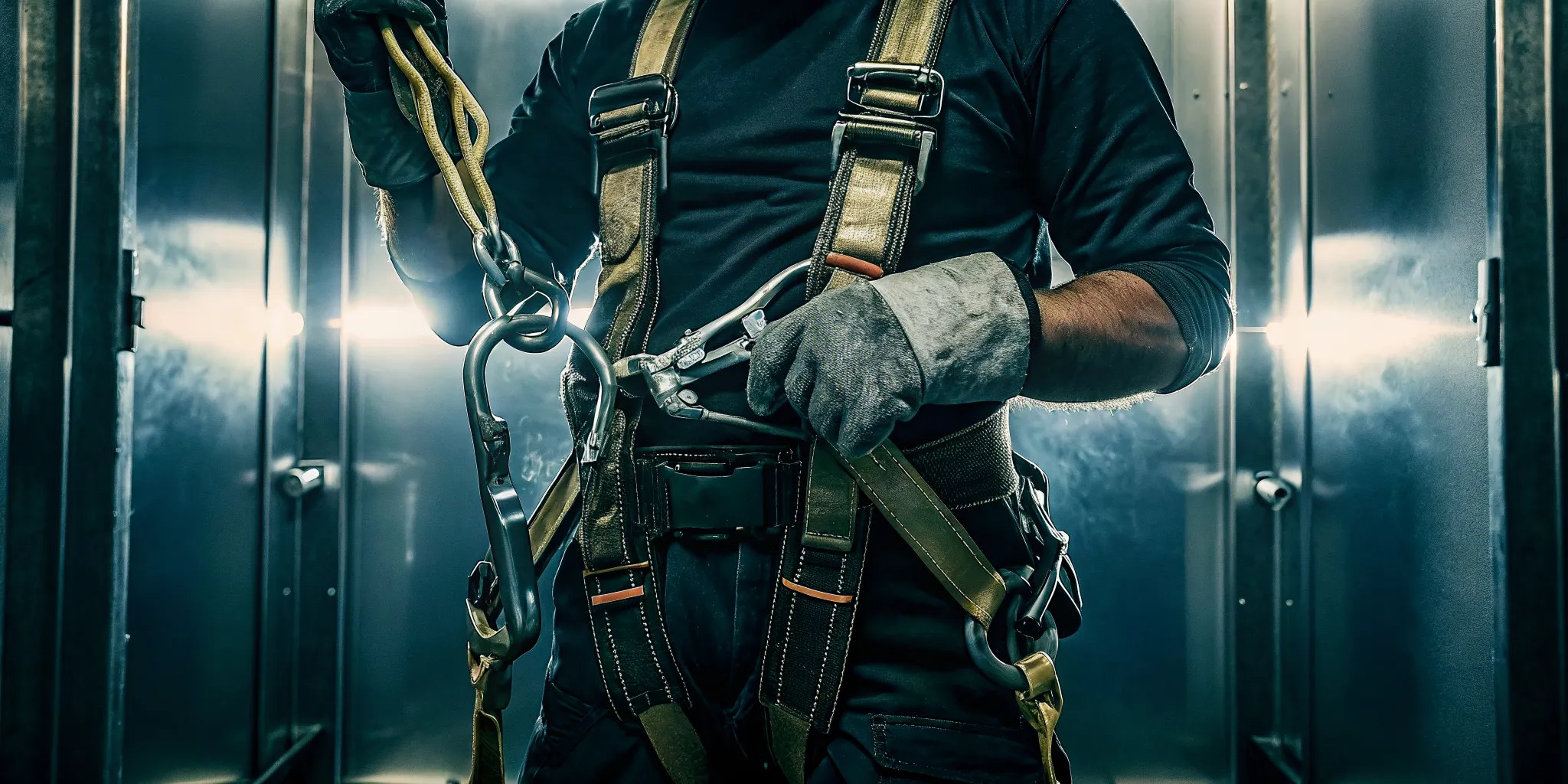 Rescue team conducting a pre-use inspection of an ANSI Z359 harness