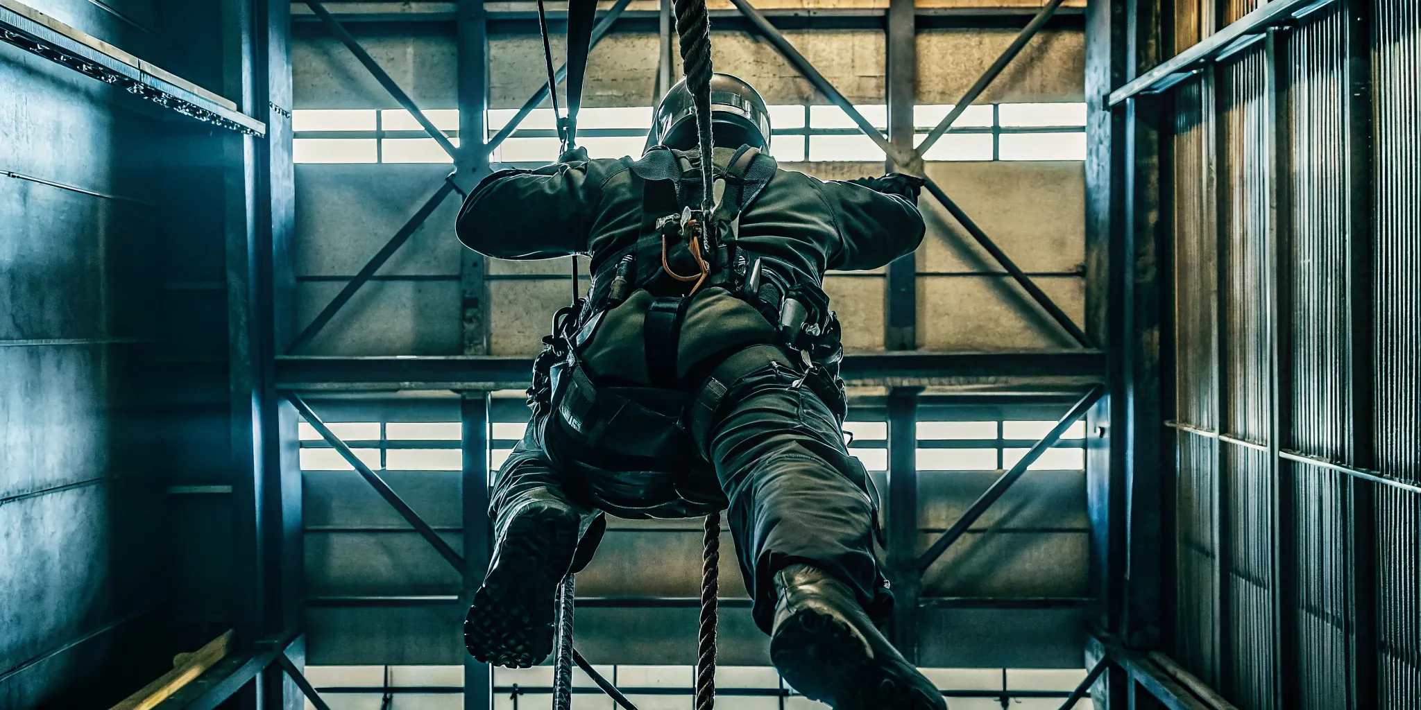 Tactical operator using a professional rappelling harness during controlled descent