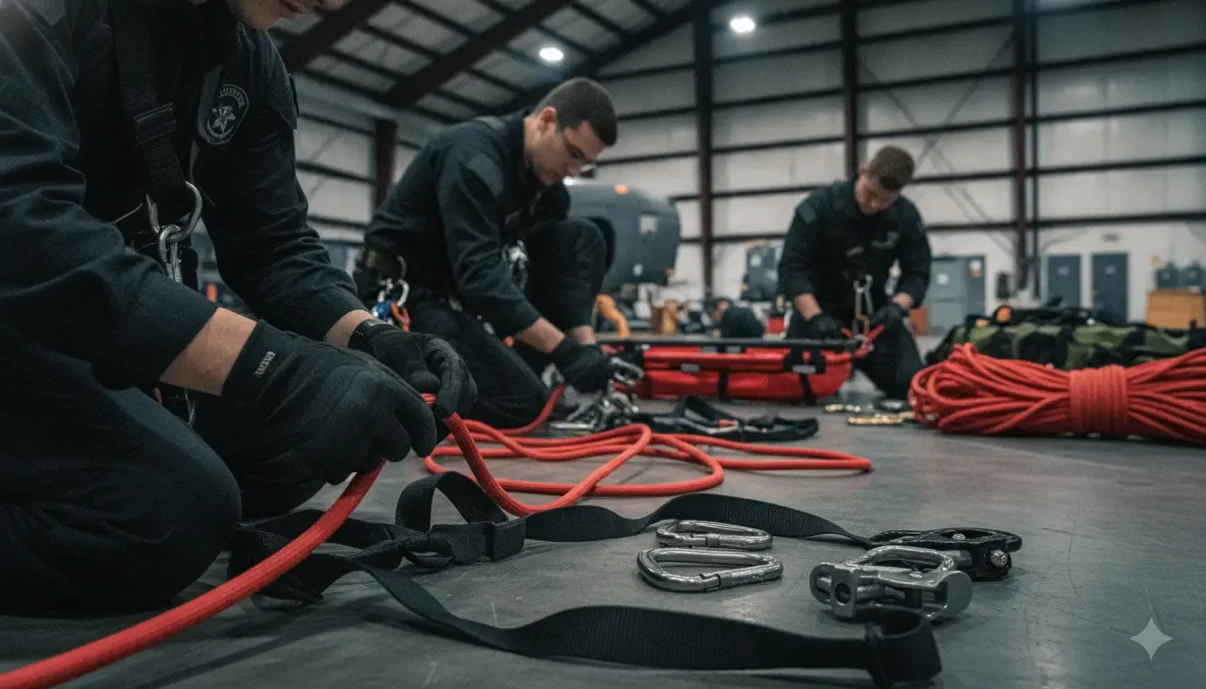 Rescue team inspecting ropes, webbing, and metal connectors before deployment