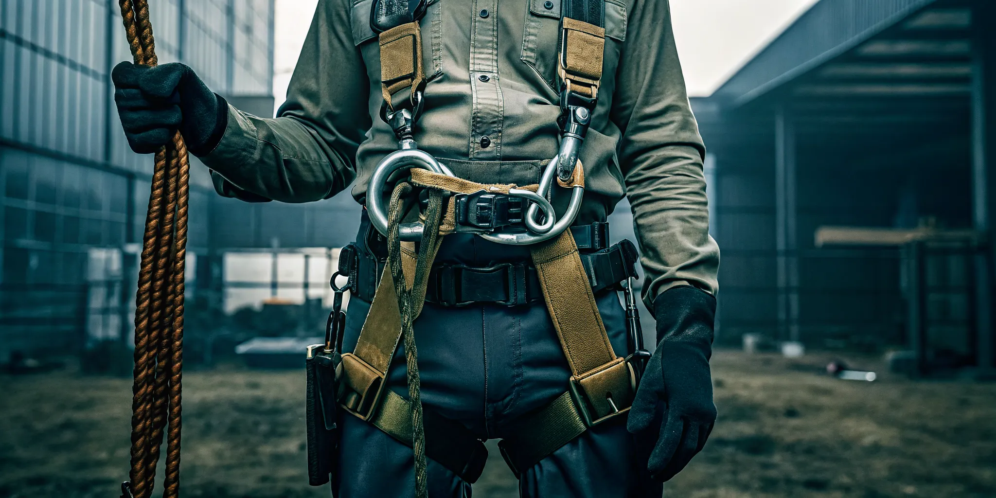 Tactical operator wearing a complete load-bearing rig with military riggers belt, holster, pouches, and rescue harness connection point in an outdoor training environment